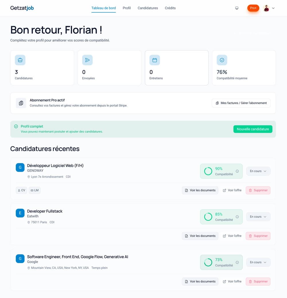 Vue du dashboard Getzatjob montrant l'analyse d'une offre d'emploi avec un score de compatibilité et des recommandations visibles