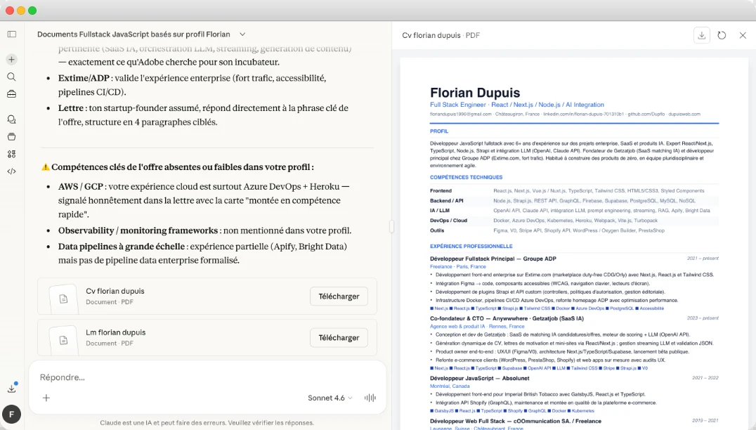 Génération CV et lettre par l'IA